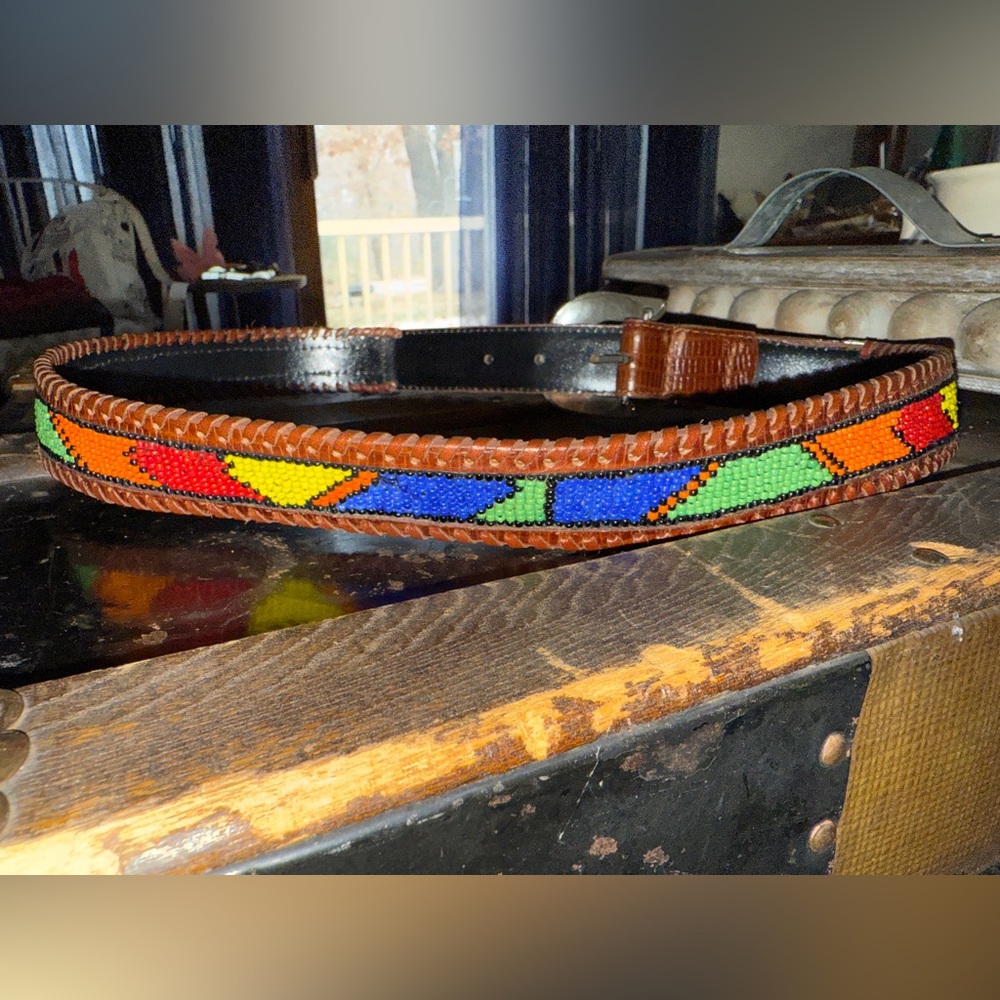 Gammon Shire Belt size large Colorful Beaded Leather Belt in used condition